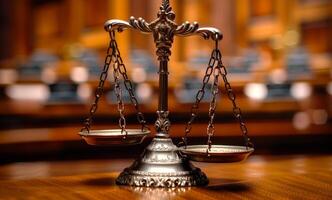 A pair of scales sits on a wooden table. The scales are silver and have a chain hanging from them. photo
