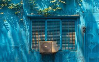 A blue building with a window that has a window air conditioner photo
