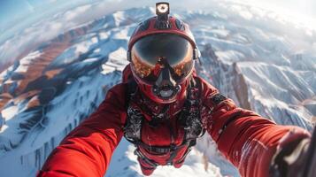 A man in a red suit is taking a selfie from the top of a mountain photo