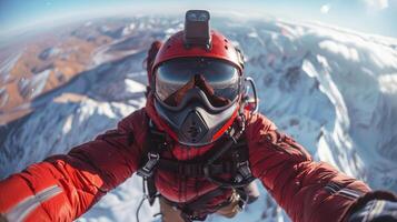 A man in a red jacket and goggles is taking a selfie from the top of a mountain photo