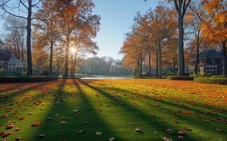 A large field of grass is covered in leaves, with a house in the background. The sun is shining brightly, casting a warm glow over the scene photo