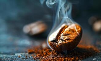 Freshly roasted coffee bean with steam rising on a dark surface. photo