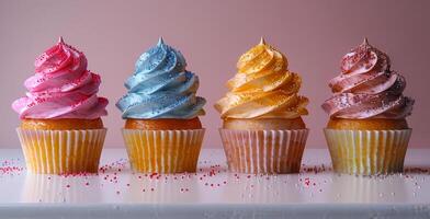 Colorful cupcakes with swirled frosting and sprinkles on display. photo