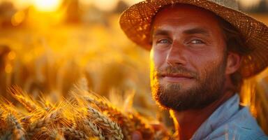 Man in straw hat holding wheat at sunset in a golden field. photo