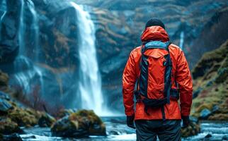 Hiker in orange rain jacket near Seljalandsfoss waterfall in Iceland. photo