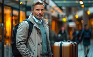 Man standing at an airport terminal with luggage in a busy setting. photo
