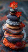 Stacked stones adorned with flowers on a textured surface. photo