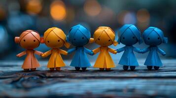 Colorful paper dolls holding hands in a warm, illuminated setting. photo