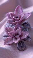 Closeup of two purple flowers on elegant pink cloth photo