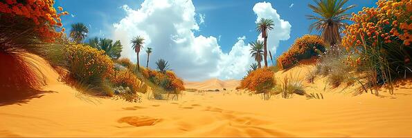 Pixel art of a desert landscape with palm trees and flowers photo
