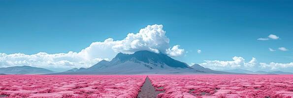 A road through pink flowers with a mountain in the background photo