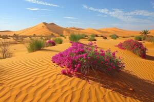 In the desert, vibrant pink flowers are emerging from the dry sand photo