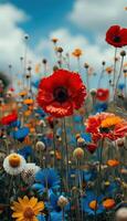 A field of diverse flowers with a striking red flower in the center photo