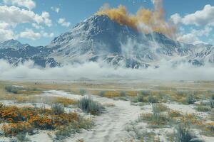 In the distance, there stands a majestic mountain, releasing smoke photo