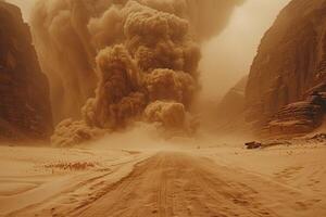 A substantial cloud of dust is rising up and emerging from the ground photo