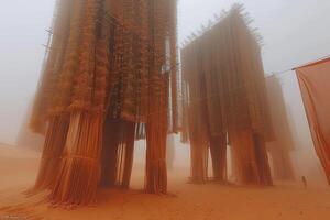 A small group of trees is standing tall in the middle of a vast desert photo