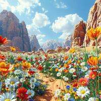 A beautiful field of colorful flowers with majestic mountains in the background photo