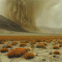A vivid painting depicting a dust storm occurring in the desert photo