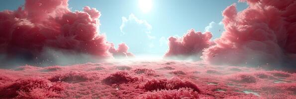 A vibrant field of pink flowers with pink clouds in the background photo