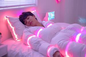 A young man sleeps on a bed with glowing lights around him photo