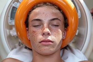 A young man with freckles is laying down with his eyes closed photo