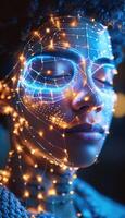 This is a vivid close up of a persons face surrounded by glowing lights photo