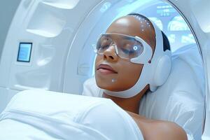 A woman is laying in a machine while wearing protective goggles and headphones photo