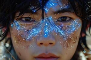A detailed, close up view of a persons face adorned with blue glitter photo