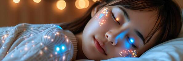 A woman sleeps peacefully with glowing lights on her face photo