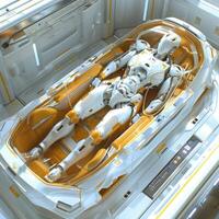 A robotic device is resting inside a container marked in Chinese photo