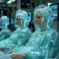 A woman dressed in a surgical gown is seated in an operating room photo