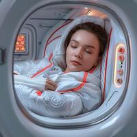 A woman in a space suit is sound asleep in a washing machine photo