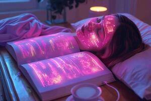 A woman on a bed reads a book with glowing letters on her face photo