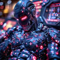 A detailed closeup view of a robot featuring bright red lights on it photo