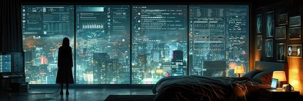 A woman stands by a large window overlooking a city at night photo