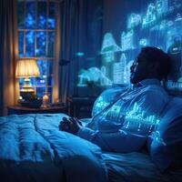 A man lies in bed with a city projection on the wall behind him photo
