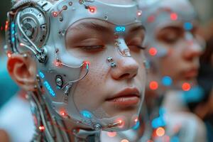 A close up view of a robots face featuring its eyes fully closed photo