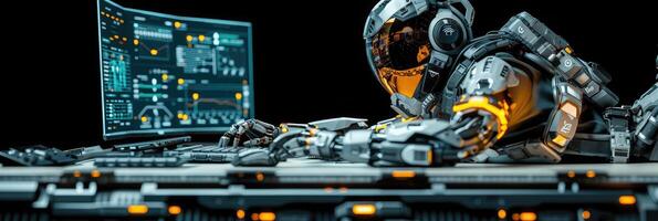 A robot is diligently seated at a desk right in front of a computer photo