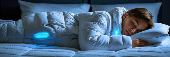 A woman is peacefully sleeping in a cozy sleeping bag on a bed photo