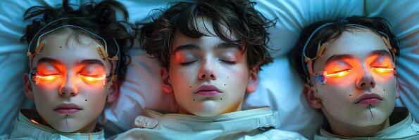 Three innocent children are laying on a bed with their glowing eyes photo