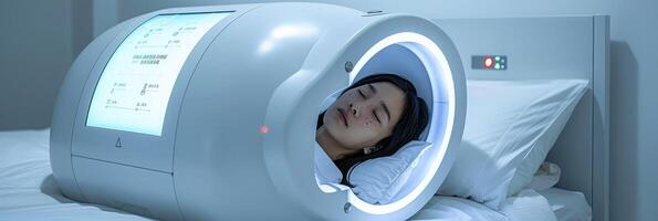 A woman is resting peacefully while inside a capsule that features a screen photo