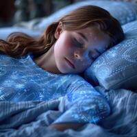A girl sleeps in a bed with stars shining from her eyes photo