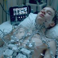 A man is peacefully lying in a hospital bed with wires surrounding his neck photo