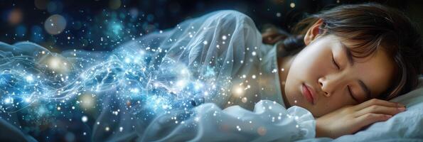 A girl sleeps in a bed with many stars coming out of it photo