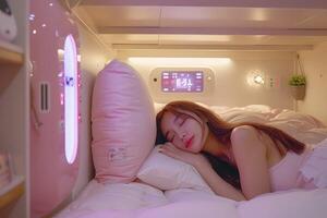 A woman is peacefully sleeping in a cozy bed with a pink pillow photo