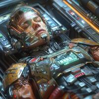 A man wearing a futuristic suit is lying down peacefully with his eyes closed photo
