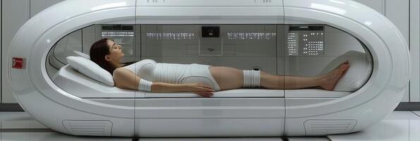 A woman is comfortably laying on a bed within a capsulelike structure photo