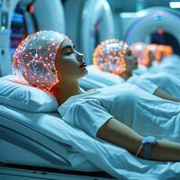 A woman is in a hospital bed with bright lights on her head photo