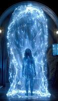 A woman is standing just in front of a glowing mystical portal photo