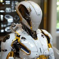 There is a robot painted in white and gold that is wearing a helmet photo